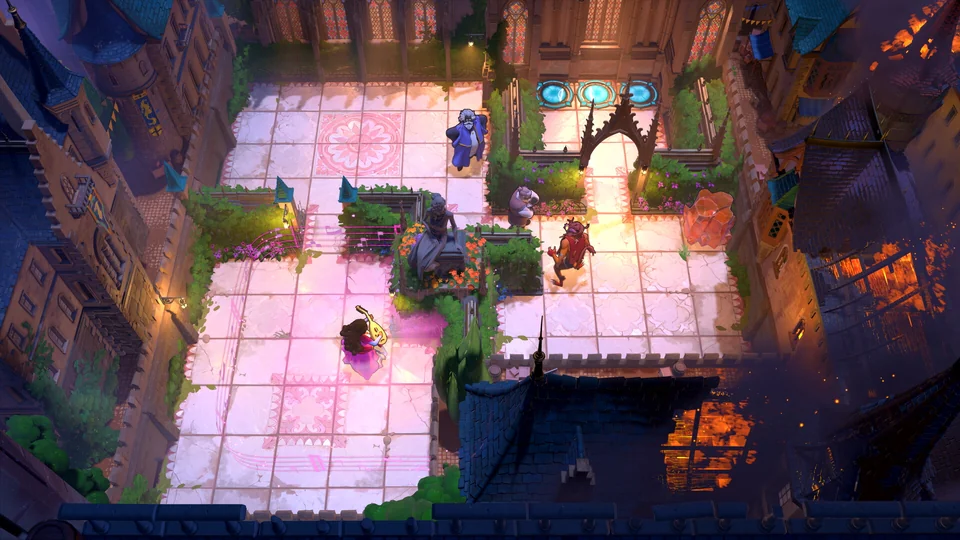A tiled castle courtyard, characters and turquoise light in an official Order of the Sinking Star screenshot.