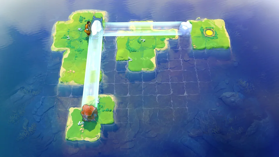 Order of the Sinking Star promotional scene showing green islands above water crossed by bright beams, illustrating world connections.