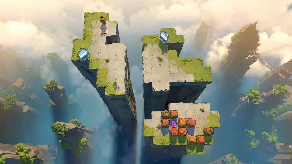 Floating stone paths, grassy tiles and movable blocks above clouds in an official Order of the Sinking Star screenshot.