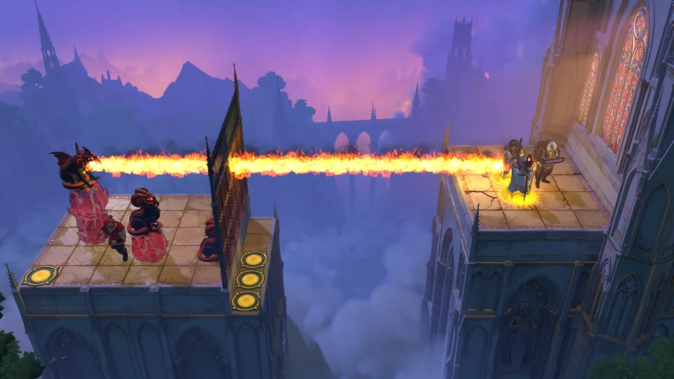A bright horizontal beam crossing elevated castle platforms in an official Order of the Sinking Star screenshot.