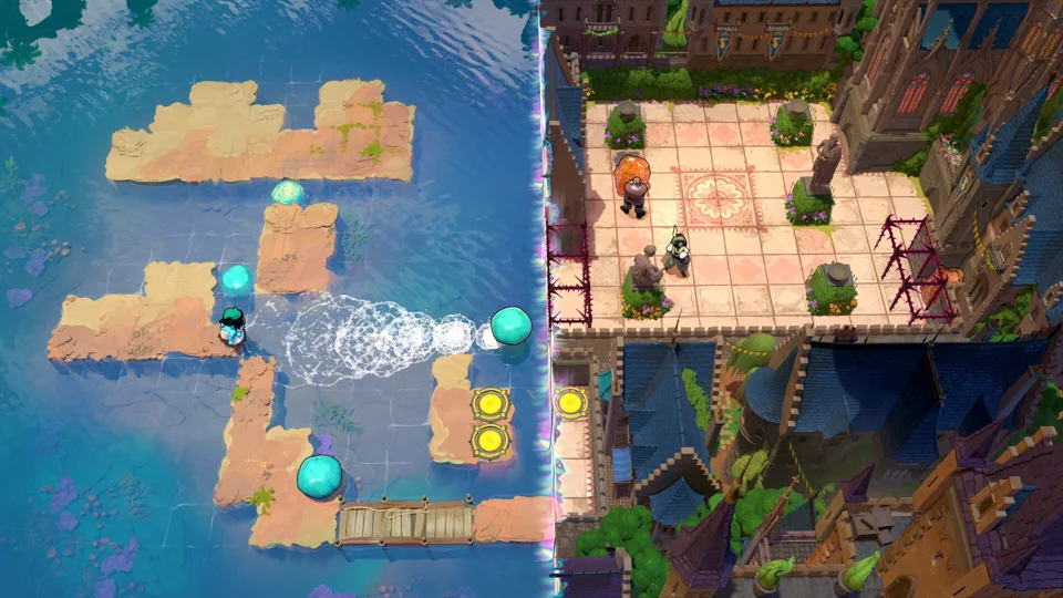 Order of the Sinking Star promotional scene showing islands, a stone crossing and a castle puzzle with characters, illustrating combined puzzle rules.