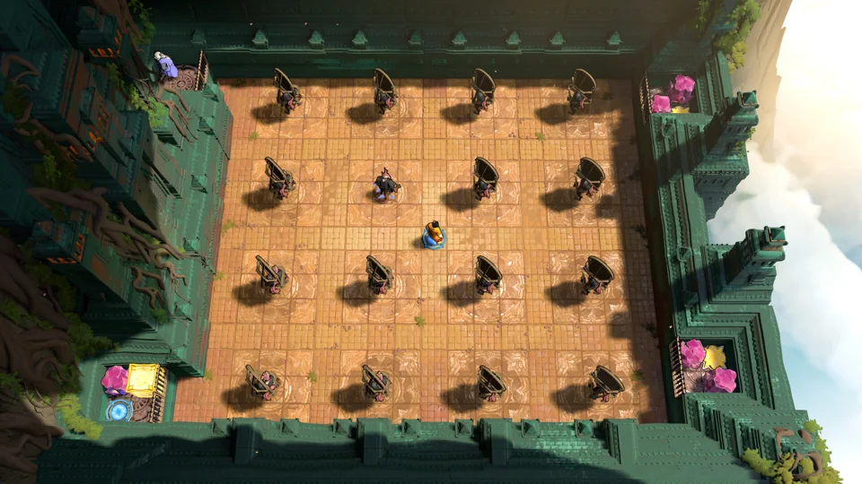 Order of the Sinking Star promotional scene showing a high stone courtyard occupied by characters and objects, illustrating puzzle design.