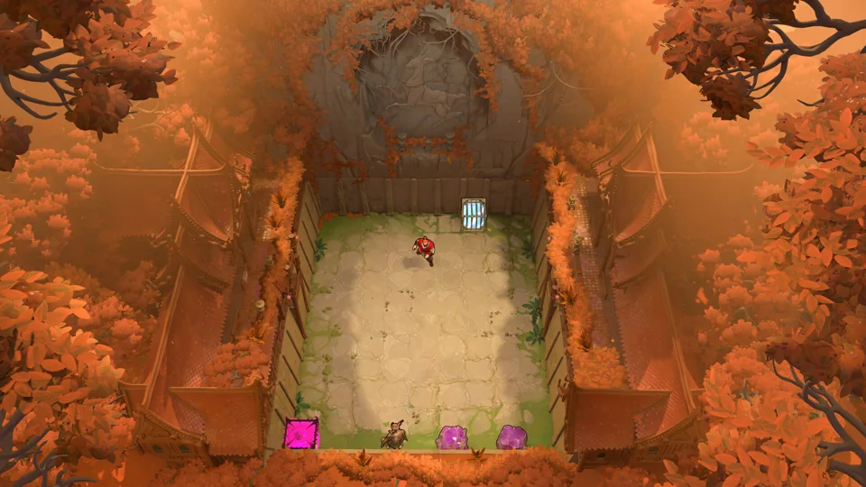 Order of the Sinking Star promotional scene showing an autumn-colored chamber containing crystals and a small figure, illustrating the game’s environments.