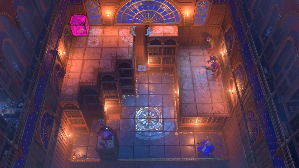 Order of the Sinking Star promotional scene showing a Queen in purple near a gated chamber and glowing floor markers, illustrating the adventure.