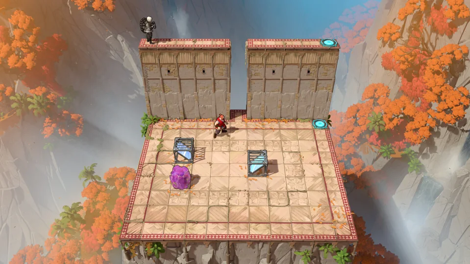 Order of the Sinking Star promotional scene showing characters, blocks and mirrors on a suspended courtyard, illustrating the puzzle world.